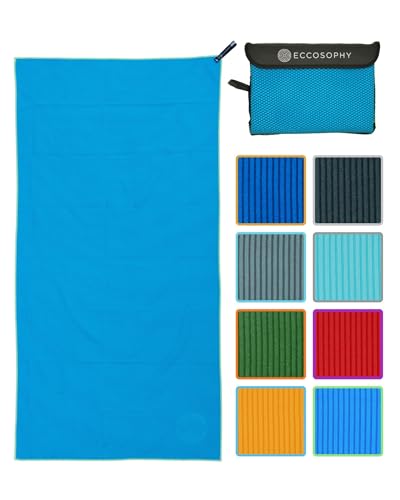 Microfiber Beach Towel, Quick Dry Gym Towel, Sand Free, 60x30 | Ribbed texture, super absorbent, lightweight, quick dry, hanging loop, pouch, travel pool yoga fitness, Azure - color: Azure, size: Medium (60"x30")