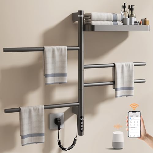 ENZE Smart Rotating Heated Towel Rack, 4-Bar, Gray | Wall-Mounted Electric Towel Warmer Rack, Swivel Shelf, Wi-Fi App Control, 24H Timer, Stainless Steel - color: Gray 17.72"x26.77"