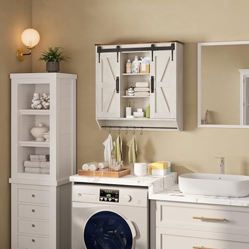 Trironsun Farmhouse Medicine Cabinet 2 Sliding Barn Doors 3 Tier Rustic Wood Wall Storage Cabinet Adjustable Shelf Towel Bar Wall Mounted Bathroom Wall Cabinet (Antique White, 30.71 Inch) - color: Antique White