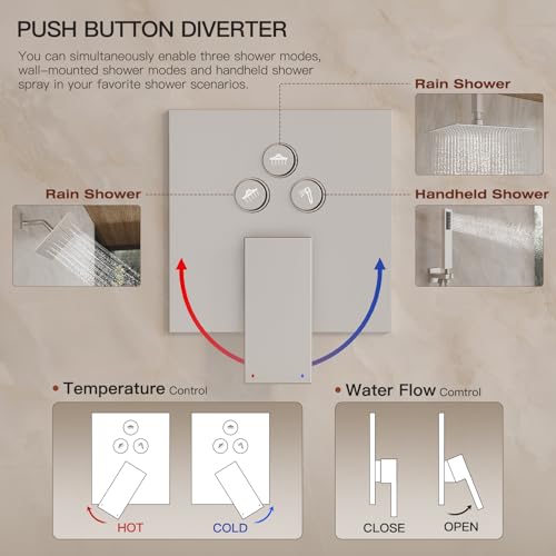 Shower System, All Metal Dual Rain Shower Head with Handheld | 3-In-1 Push Button Valve and Trim Kit, Brushed Nickel SUS304 10" Ceiling & 8" Wall Mount Heads, Bathroom Shower Faucet Set - color: Brushed Nickel
