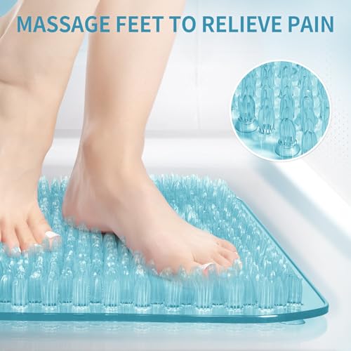 Yolife Shower Foot Scrubber Mat, Anti-Slip Bath Mat with Scrub Bristles, Soft Shower Foot Massager with Strong Suction Cups for Soothe Achy Feet, 25.6" x 13.4" - color: Light Blue, size: 25.6" x 13.4" (Rectangular)