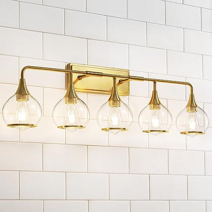 Gold Bathroom Vanity Light 5-Lights Bathroom Light Fixtures Over Mirror with Clear Glass Shade 39.2 inch Wall Sconce Lighting Bath(Exclude E26 Bulb) - color: Gold, size: 5 Light