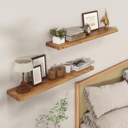 Floating Shelves for Wall, 72in Reclaimed Elm Wood Shelves, Natural | 8" Deep Wall Shelf, Invisible Bracket, Large Long Wall Shelves, Living Room, Bedroom, Kitchen, Bathroom - color: Natural Flat Edge, size: 72 inches - 1P