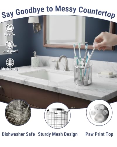 Toothbrush Holder for Bathroom, 304 Stainless Steel Ventilated Countertop Organizer with Slots for Electric & Manual Toothbrushes, Toothpaste, Razor — Paw Print Design, Dishwasher Safe