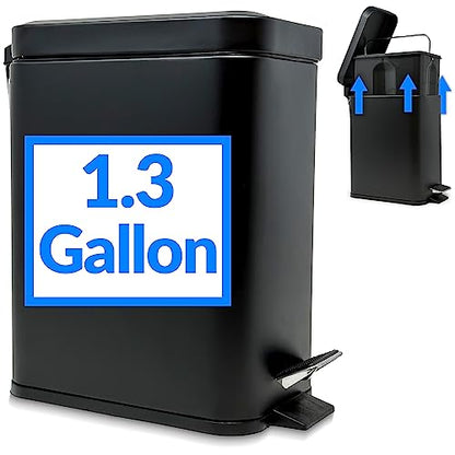Reli. Small Trash Can with Lid, 1.3 Gal (5L) | Small Bathroom Trash Can | Stainless Steel, Black (Matte) | Step Pedal Garbage Bin with Removable Bucket, Kitchen