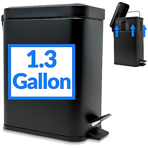 Reli. Small Trash Can with Lid, 1.3 Gal (5L) | Small Bathroom Trash Can | Stainless Steel, Black (Matte) | Step Pedal Garbage Bin with Removable Bucket, Kitchen