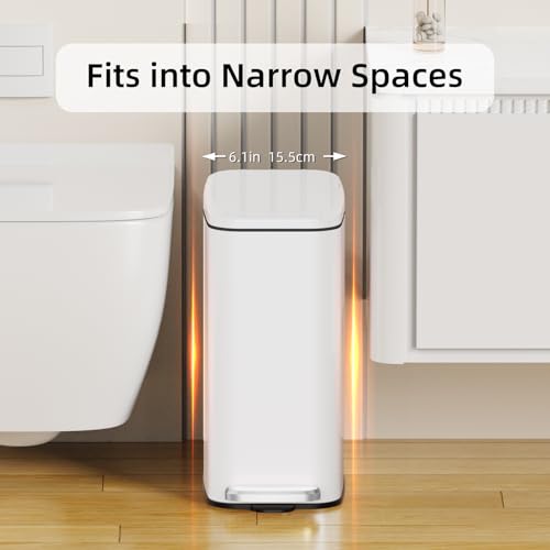 KSSKSS Small Bathroom Trash Can with Lid Soft Close, Step Pedal, 6L / 1.6 Gal Stainless Steel Garbage Bin with Removable Inner Bucket, Slim Wastebasket for Narrow Spaces (White) - color: White--H