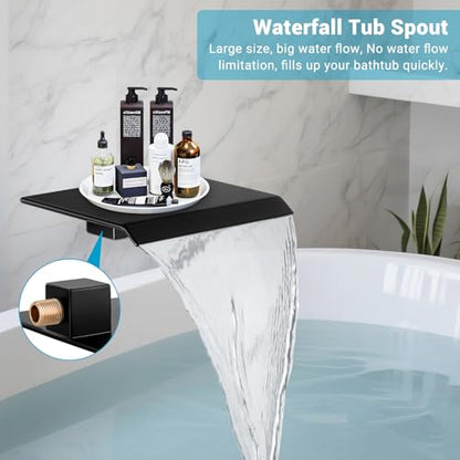 10" Rain Shower Faucet Set with Tub Spout, Matte Black | Anti-scald cartridge, air tech boosts pressure 50%, 3-func diverter, NPT 1/2 - color: Matte Black, style: 10"-Wall Mount(With Tub Spout)