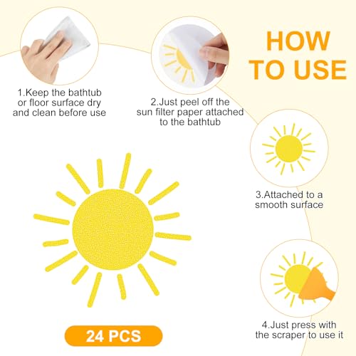 24 Pcs Sun Non Slip Bathtub Stickers Shower Stickers Cute Yellow Sun Bath Tub Decals with Scraper, Anti Slip Safety Shower Treads for Bathroom, Stairs, Pool Steps