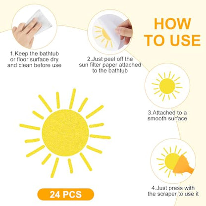 24 Pcs Sun Non Slip Bathtub Stickers Shower Stickers Cute Yellow Sun Bath Tub Decals with Scraper, Anti Slip Safety Shower Treads for Bathroom, Stairs, Pool Steps