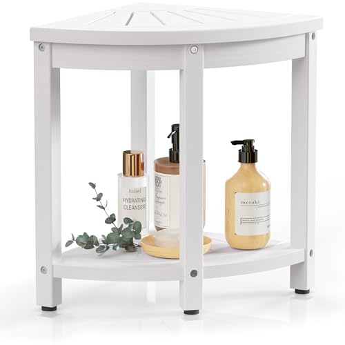 Waterproof HIPS Corner Stool for Shaving Legs, Inside Shower, White | For seating and foot rest, Wood-Look texture, Easy care, Storage shelf, Non-slip leveling feet, Indoor/Outdoor use, 400 lb - color: White, size: 4 Leg - Sturdy+