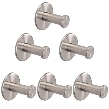 Bath Towel Hooks, 6 Pack Self Adhesive Coat Hooks, Sturdy No Drilling Robe Hook, SUS 304 Stainless Steel Heavy Duty, Wall Hooks for Bathroom Bedroom Kitchen (2 in, Brushed) - color: Brushed-6