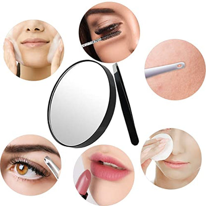 10X Magnifying Makeup Mirror with 1 Tweezers Portable Round Mirror 2 Suction Cups Travel Set for Eyebrow Tweezing Blackhead Blemish Removal Bathroom Magnified Cosmetic Mirror (Diameter 4.3 inches) - size: 4.3"L x 4.3"W