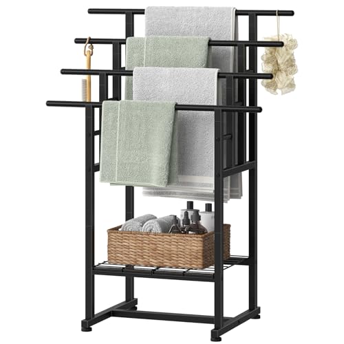HOOBRO 4-Tier Freestanding Towel Rack, 28.3"L x 15.7"W x 41.3"H, Standing Blanket Rack, Metal Bathroom Storage Organizer with Bottom Shelf, Pool Towel Rack Outdoor, Industrial Style, Black BK16LB01