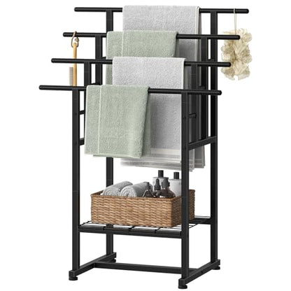 HOOBRO 4-Tier Freestanding Towel Rack, 28.3"L x 15.7"W x 41.3"H, Standing Blanket Rack, Metal Bathroom Storage Organizer with Bottom Shelf, Pool Towel Rack Outdoor, Industrial Style, Black BK16LB01