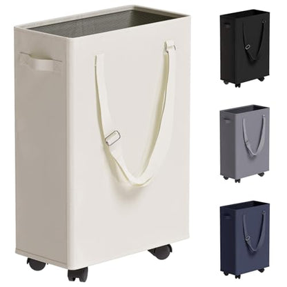 45L Slim Rolling Laundry Basket with Wheel & Adjustable Long Handles, Beige | Small Laundry Baskets with Mesh Top, Narrow Dirty Clothes Hamper for Bedroom, Closet, and Bathroom - color: Beige - Rolling, size: 45L