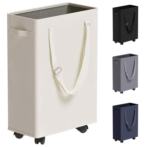 45L Slim Rolling Laundry Basket with Wheel & Adjustable Long Handles, Beige | Small Laundry Baskets with Mesh Top, Narrow Dirty Clothes Hamper for Bedroom, Closet, and Bathroom - color: Beige - Rolling, size: 45L