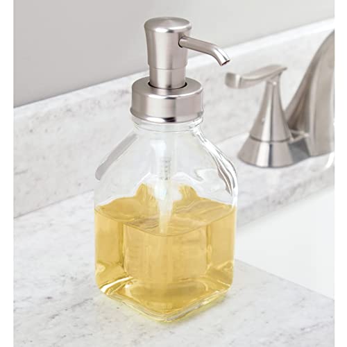 mDesign Square Glass Refillable Liquid Soap Dispenser Pump Bottle for Bathroom Vanity Countertop, Kitchen Sink - Holds Hand Soap, Dish Soap, Hand Sanitizer, Essential Oils - 2 Pack - Clear/Brushed - color: Clear/Brushed