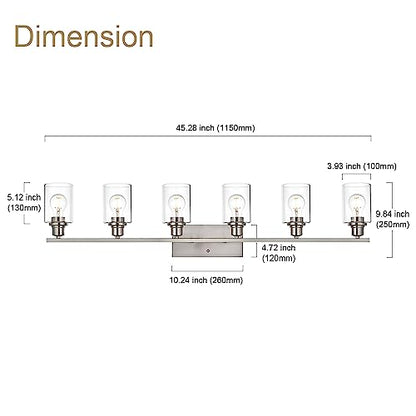 6 Light Bathroom Lighting Fixture in Brushed Nickel Finish,Classic Metal Wall Mounted Lamp Over Mirror with Clear Glass Shade Industrial Vanity Light - color: Brushed Nickel, size: 6 Light