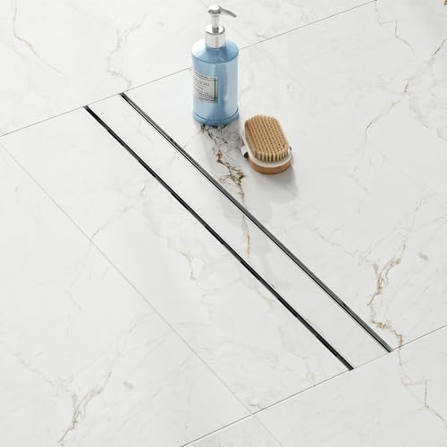 24 inch Linear Shower Drain with Tile Insert Grate Cover | Brushed 304 Stainless Steel Bonding Flange Linear Drain, Low Profile Linear Shower Drain with Hair Strainer - color: 24 in, size: Tile-insert