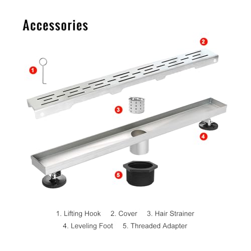 SaniteModar Linear Shower Drain 24 inch Brushed with Brick Pattern Grate | AISI 304 Stainless Steel Brushed Linear Dain Rectangle Shower Floor Drain with Hair Strainer and Leveling Feet - size: 24 inch
