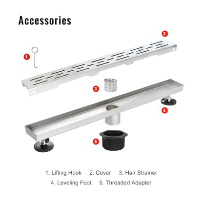 SaniteModar Linear Shower Drain, Shower Drain 32 inch High Flow Rate Removable Grate, Brushed 304 Stainless Steel Linear Drain with Hair Strainer, Adjustable Leveling Feet | AISI 304 Stainless Steel Brushed Linear Dain Rectangle Shower Floor Drain with Ha
