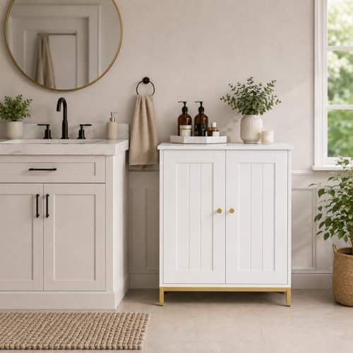 Homhedy Bathroom Storage Cabinet, Freestanding Floor Cabinet, White | Bathroom Organizers and Storage, Adjustable Shelves, Small Cabinet for Bathroom Living Room Laundry Room