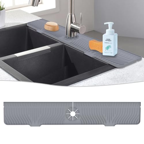 Derlights 33 inch Sink Splash Guard Mat, Silicone Faucet Handle Drip Catcher Tray, Longer Silicone Sink Mat for KitchenBathroom, Drip Protector Splash Countertop (Gray) - size: 33 inch