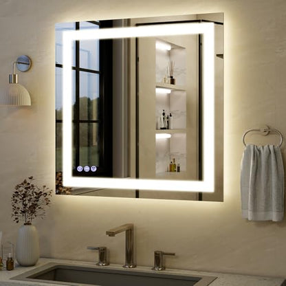 30"x30" Square Bathroom Mirror with Lights 3 Adjustable Modes | LED Bathroom Vanity Mirror for Over Sink, Anti-Fog, Memory Function, Tempered Glass, Wall Mounted Horizontally Vertically - size: 30"L x 30"W