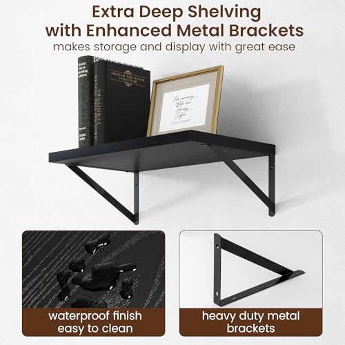 Deep Floating Shelves - 20 Inch Black Floating Shelves Set of 2-12 Inch Deep Wood Wall Shelves for Living Room Bathroom Kitchen - color: Black, size: 20W x 12D