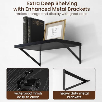Deep Floating Shelves - 20 Inch Black Floating Shelves Set of 2-12 Inch Deep Wood Wall Shelves for Living Room Bathroom Kitchen - color: Black, size: 20W x 12D