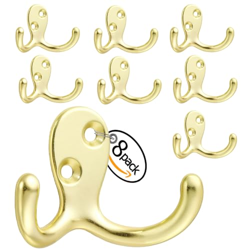 Double-Prong Coat Hooks Wall Mounted - 8 pack Gold Wall Hooks for hanging - Great for Living Room, Bedroom, Bathroom, Closet for Coat, Bag, Towel, Hat, Key, Cup, Watch, Heavy-Duty, Easy to Install - color: 8pcs Gold