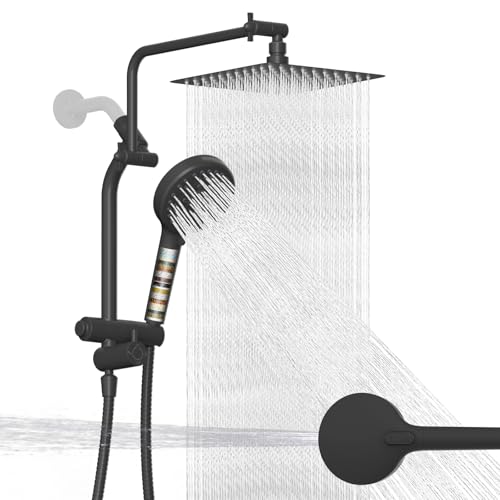 Metal 10" Rain Showerhead with 10-Spray Filter Handheld, 4-way Diverter | Matte Black Finish, Upgraded High Pressure Shower Head with Pause Mode, 71" Stainless Steel Hose/12" Extension Arm - color: Matte Black, style: Square 10"