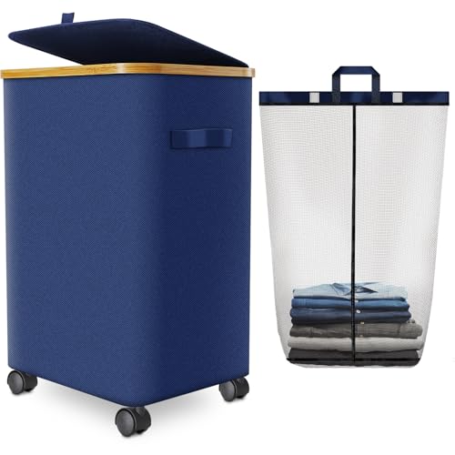 Laundry Hamper with Wheels, 75L Rolling Laundry Basket with Lid | Clothes Hampers for Laundry with Inner Bag, Dirty Clothes Hamper for Bedroom, Dorm, Bathroom, Laundry Room - color: Blue, size: 75 L