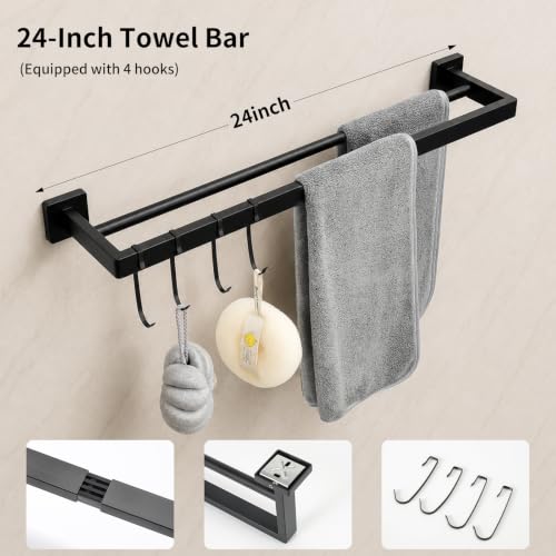 9 Piece Matte Black Bathroom Hardware Set, 24 Inch Double Towel Bar with Removable Hooks, SUS304 Stainless Steel Wall Mounted Heavy Duty Rustproof Accessories for Bathroom Kitchen - color: B-24 Matte Black
