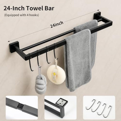 9 Piece Matte Black Bathroom Hardware Set, 24 Inch Double Towel Bar with Removable Hooks, SUS304 Stainless Steel Wall Mounted Heavy Duty Rustproof Accessories for Bathroom Kitchen - color: B-24 Matte Black