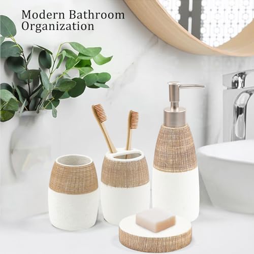 CERBIOR Bathroom Accessories Set,4 PCS Ceramic Bath Accessory,Brown White | Includes Toothbrush Holder, Toothbrush Cup, Soap Dish for Decorative Countertop and Housewarming Gift - style: White-Brown