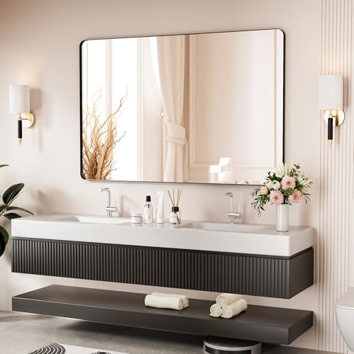 Black Bathroom Mirror 55X36 Inch Bathroom Vanity Mirror for Wall, Metal Frame Large Mirror, Tempered Glass, Modern Wall Mirror for Bathroom, Farmhouse, Horizontally or Vertically Hanging - color: Black, size: 55"L x 36"W