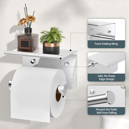 FORIOUS Toilet Paper Holder with Shelf, Adhesive or Screw, Chrome | Wall Mount Toilet Paper Roll Holder for Bathroom, Stainless Steel Commercial Toilet Tissue Roll Dispenser with Phone Shelf - color: Chrome
