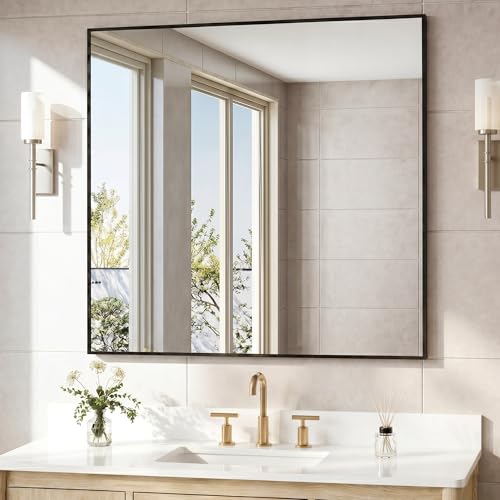 36" x 36" Large Matte Black Wall Mirror, Oversized Square Metal Framed Decor, Modern Statement Mirror for Living Room & Bathroom Vanity - color: Black, size: 36"L x 36"W