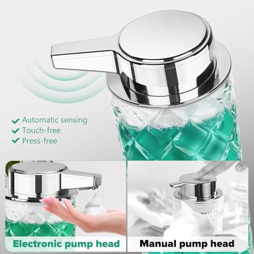 Automatic Soap Dispenser Foam for Kitchen: 11 OZ Glass Touchless Clear Auto Foaming Soap Dispenser for Bathroom - Hand Dish Lotion Home Countertop Kids - Family Couple - color: Diamond Style Foam