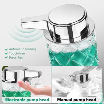 Automatic Soap Dispenser Foam for Kitchen: 11 OZ Glass Touchless Clear Auto Foaming Soap Dispenser for Bathroom - Hand Dish Lotion Home Countertop Kids - Family Couple - color: Diamond Style Foam