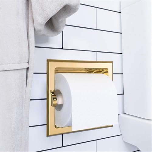 Bowery Hill Recessed Toilet Paper Holder, Polished Brass Finish, Zinc and Aluminum Construction, 6 in Dimensions, Includes Plastic Roller, Space-Saving Design for Bath or Powder Room