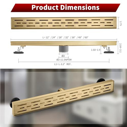 Sharp-tec Linear Shower Drain, 24 inch Shower Drain with Removable Pattern Cover, Brushed Gold 304 Stainless Steel Rectangle Floor Drain, Adjustable Feet and Hair Strainer Included (Model 101) - color: Gold, size: 24 inch