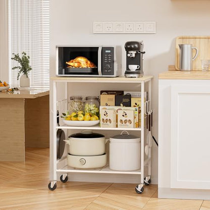 NTE Rolling Kitchen Microwave Cart, 3 Tier Microwave Stand with Storage, Small Kitchen Island on Wheels, Kitchen Storage Cart with 6 Hooks for Kitchen, Coffee Bar, Living Room, Balcony - color: White