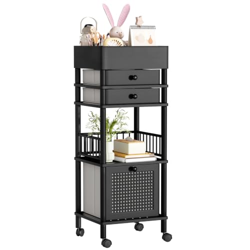 Bamboo Makeup Organizer Cart with 3 Drawers, Floor Skin Care Storage for Bathroom Bedroom, Rolling Vanity Organizer Cart for Cosmetic, Nail Polish, Perfume and Hair Tools, Black - color: Black