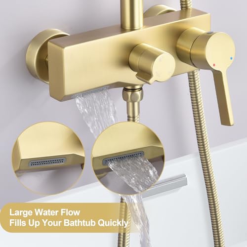 Brushed Gold Exposed Shower System with 2 Modes HandHeld,3 Functions Tub Shower Faucet Sets with Brass Valve, Shower Fixture with 10 Inches Rainfull Shower Head,Shower Height Adjustable - color: B- Brushed Gold with Round Shower Head