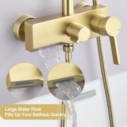 Brushed Gold Exposed Shower System with 2 Modes HandHeld,3 Functions Tub Shower Faucet Sets with Brass Valve, Shower Fixture with 10 Inches Rainfull Shower Head,Shower Height Adjustable - color: B- Brushed Gold with Round Shower Head