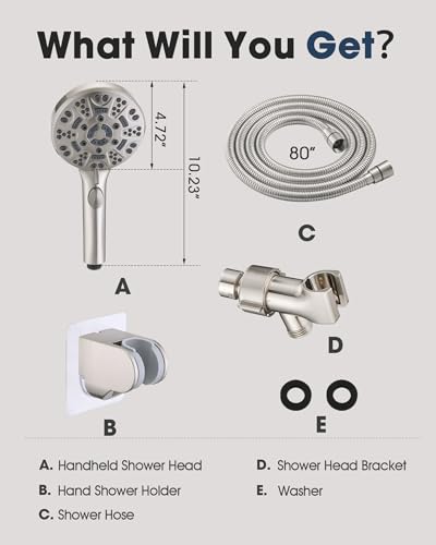 Handheld Shower Head with 6.56ft Extra Long Hose, On Off Switch 8-Seting High Preesure Hand Held Showerhead, Low-Reach Adhesive Holder for Kid, Disable& Elder (Brushed Nickel) - color: Brushed Nickel