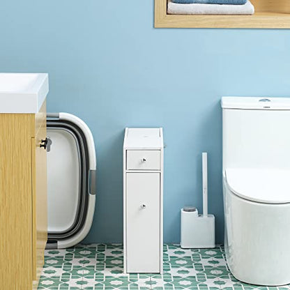 HOMCOM Bathroom Floor Organizer Free Standing Narrow Storage Cabinet White | Wooden, Space Saving, Bath Toilet Paper Holder, with Drawers